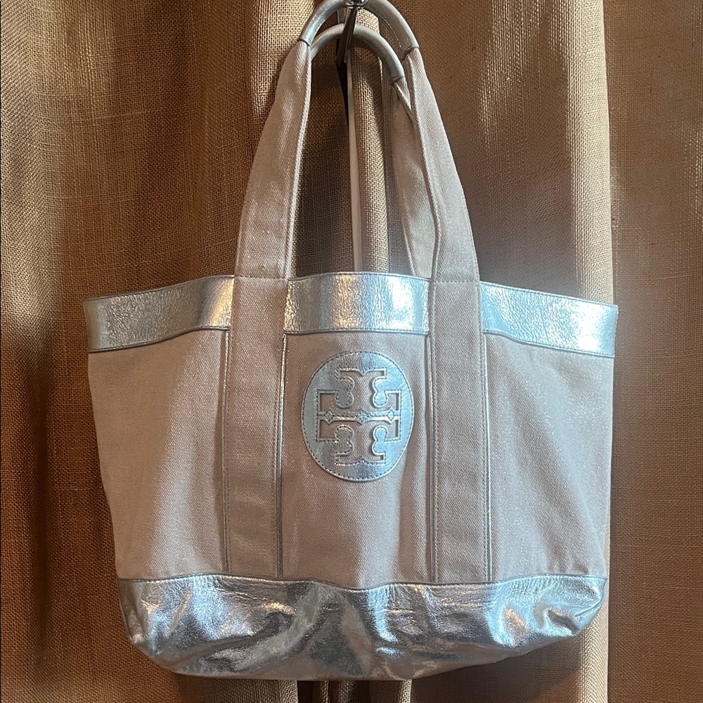 Tory Burch Metallic Silver foil leather and Cream canvas Tote bag purse